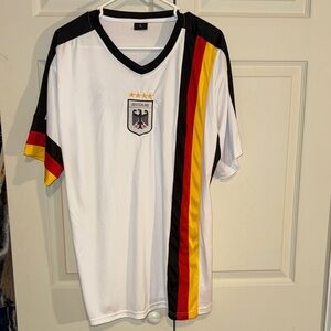 Germany Deutschland White Soccer Jersey with Black, Red, and Yellow Stripes